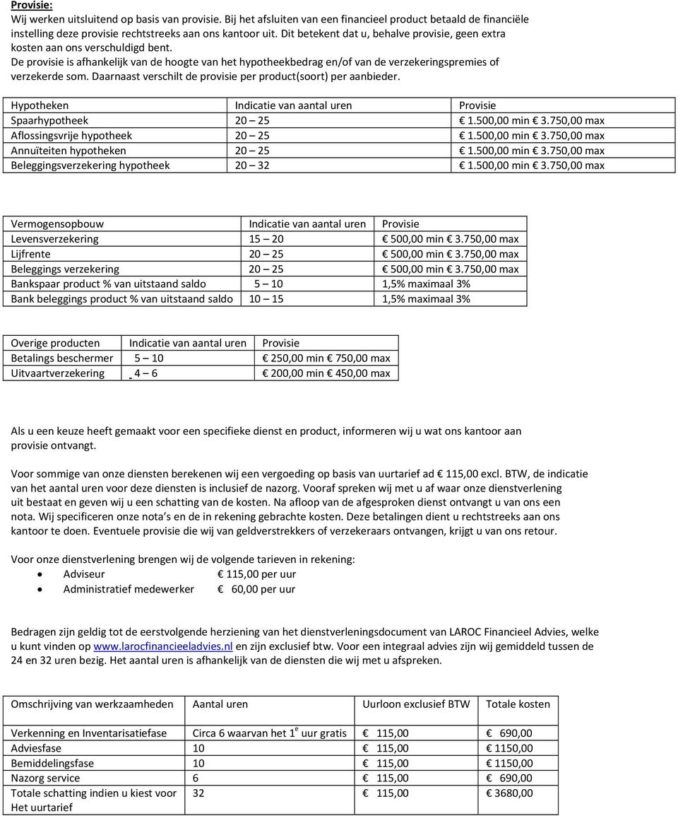 Daarnaast verschilt de provisie per product(soort) per aanbieder. Hypotheken Indicatie van aantal uren Provisie Spaarhypotheek 20 25 1.500,00 min 3.750,00 max Aflossingsvrije hypotheek 20 25 1.