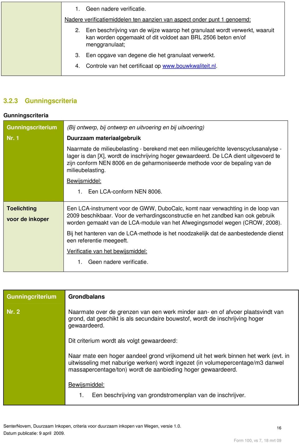 Een opgave van degene die het granulaat verwerkt. 4. Controle van het certificaat op www.bouwkwaliteit.nl. 3.2.3 Gunningscriteria Gunningscriteria Gunningscriterium Nr.