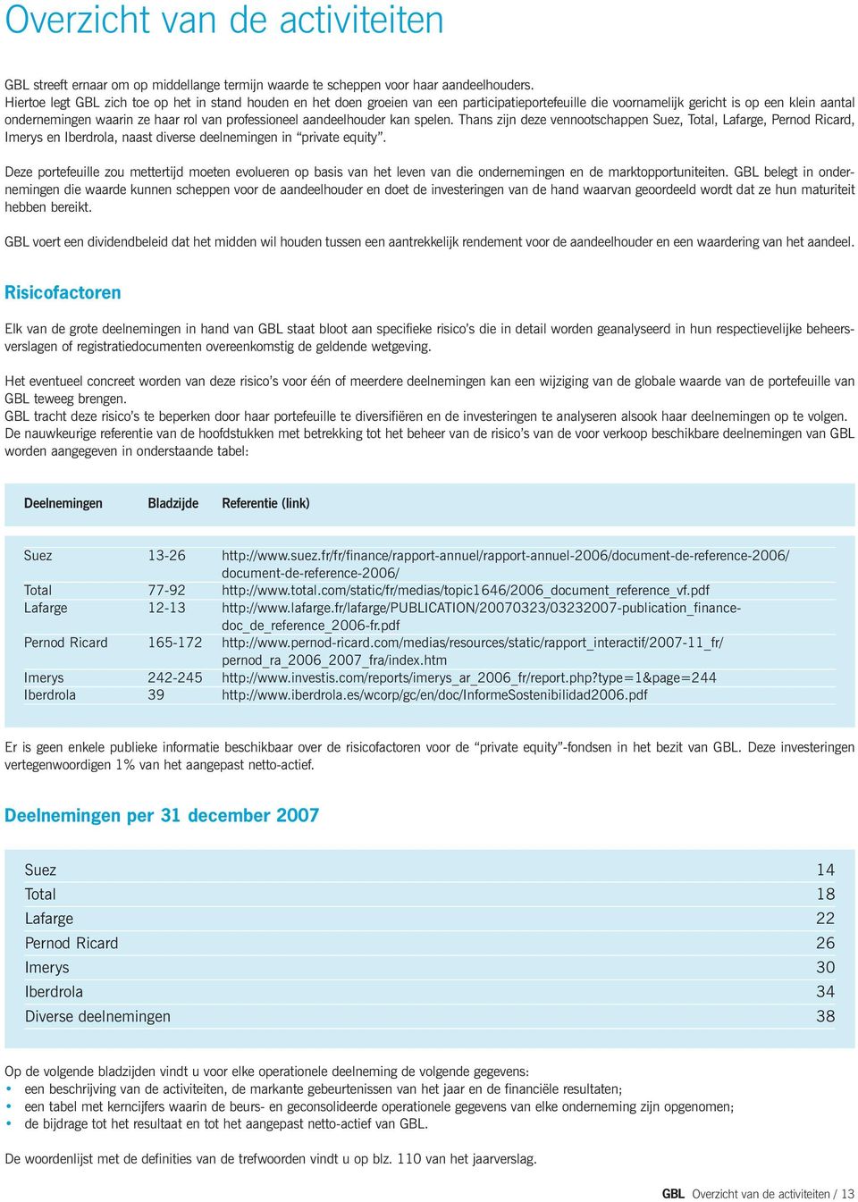 professioneel aandeelhouder kan spelen. Thans zijn deze vennootschappen Suez, Total, Lafarge, Pernod Ricard, Imerys en Iberdrola, naast diverse deelnemingen in private equity.