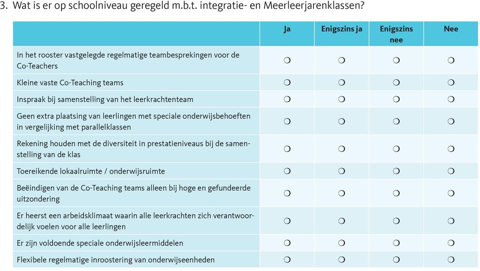 plaatsing van leerlingen met speciale onderwijsbehoeften in vergelijking met parallelklassen Rekening houden met de diversiteit in prestatie niveaus bij de samenstelling van de klas Toereikende