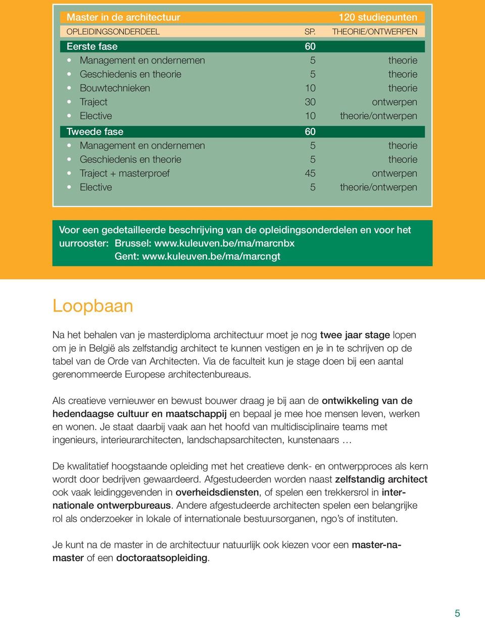 Management en ondernemen 5 theorie Geschiedenis en theorie 5 theorie Traject + masterproef 45 ontwerpen Elective 5 theorie/ontwerpen Voor een gedetailleerde beschrijving van de opleidingsonderdelen