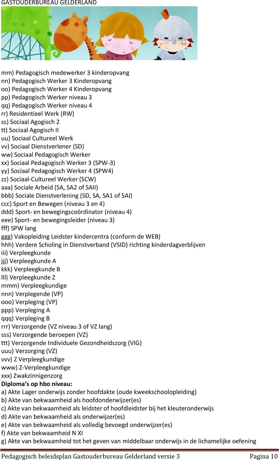 Pedagogisch Werker 4 (SPW4) zz) Sociaal-Cultureel Werker (SCW) aaa) Sociale Arbeid (SA, SA2 of SAII) bbb) Sociale Dienstverlening (SD, SA, SA1 of SAI) ccc) Sport en Bewegen (niveau 3 en 4) ddd)