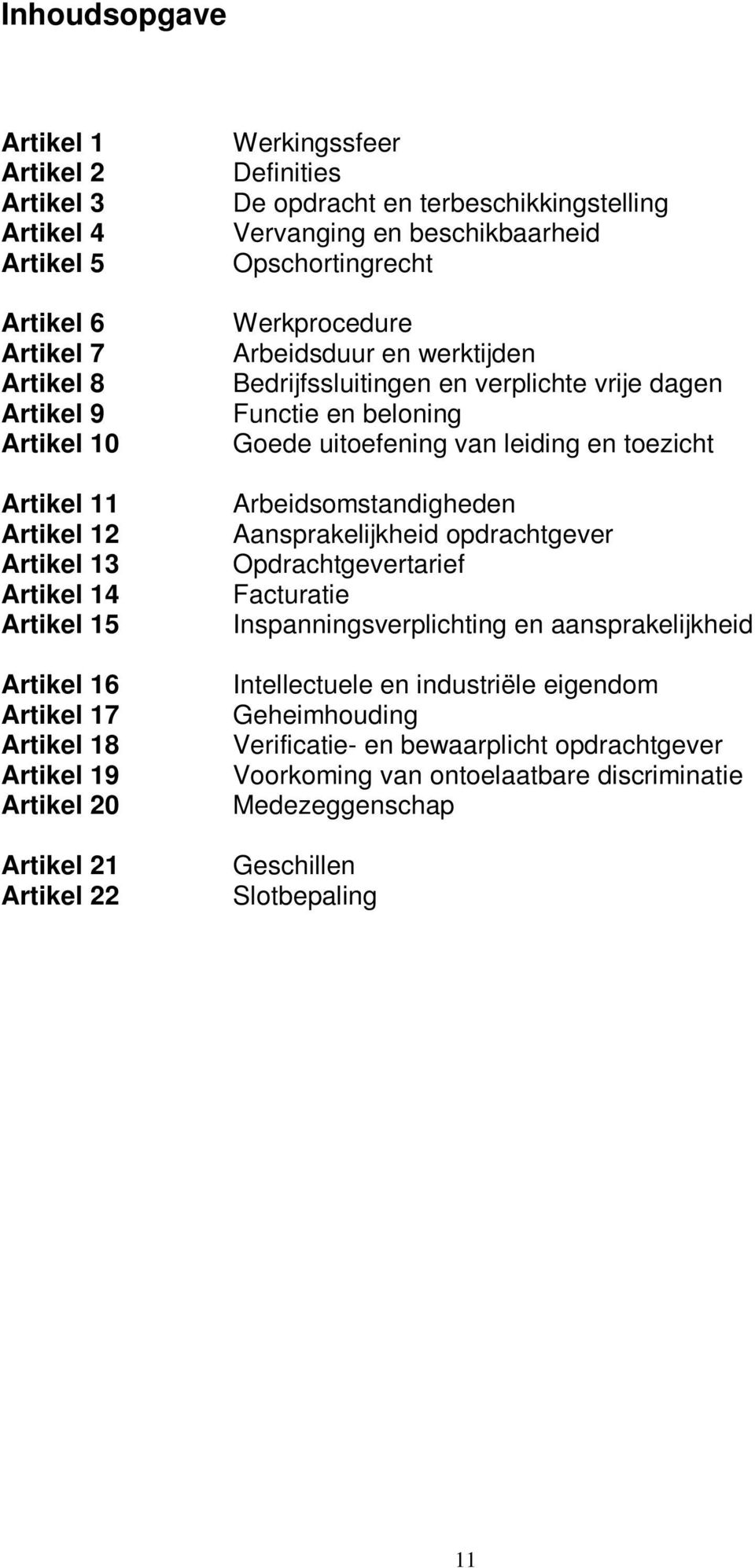 Bedrijfssluitingen en verplichte vrije dagen Functie en beloning Goede uitoefening van leiding en toezicht Arbeidsomstandigheden Aansprakelijkheid opdrachtgever Opdrachtgevertarief Facturatie