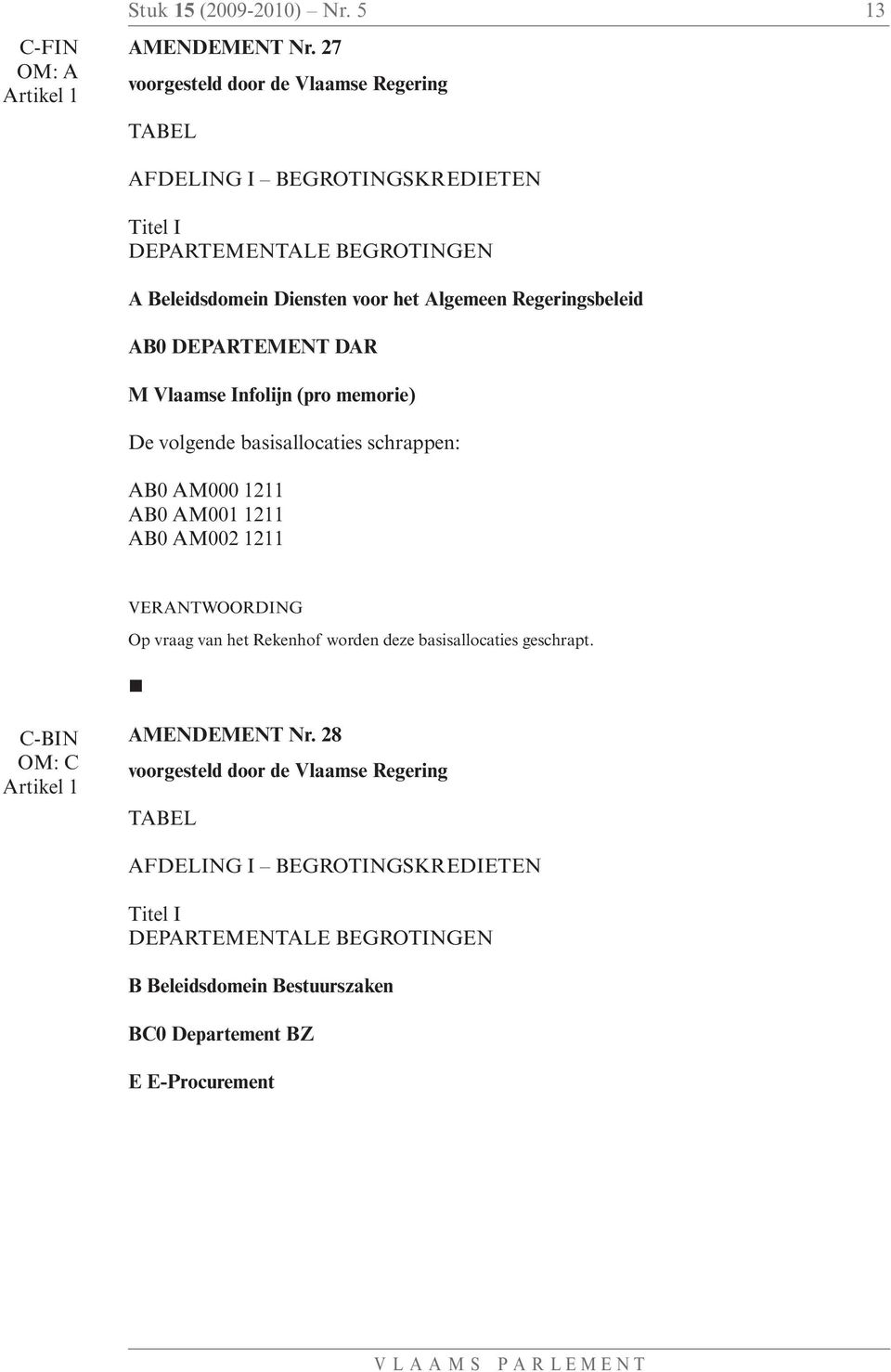 DEPARTEMENT DAR M Vlaamse Infolijn (pro memorie) De volgende basisallocaties schrappen: AB0 AM000 1211 AB0 AM001 1211 AB0 AM002 1211 VERANTWOORDING Op vraag van het Rekenhof
