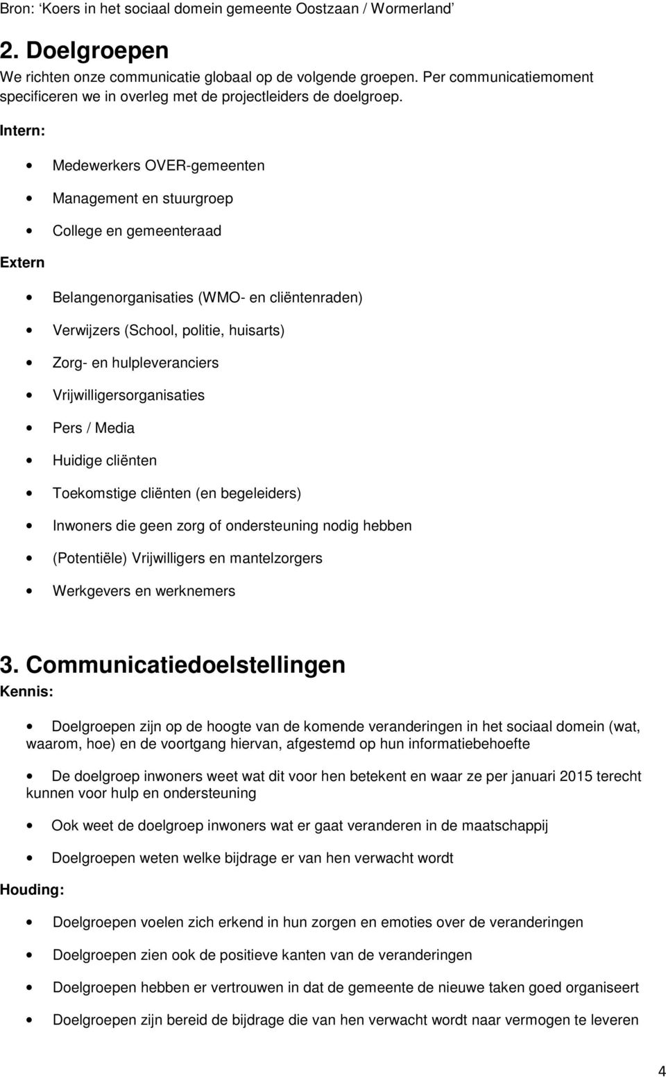 Intern: Extern Medewerkers OVER-gemeenten Management en stuurgroep College en gemeenteraad Belangenorganisaties (WMO- en cliëntenraden) Verwijzers (School, politie, huisarts) Zorg- en