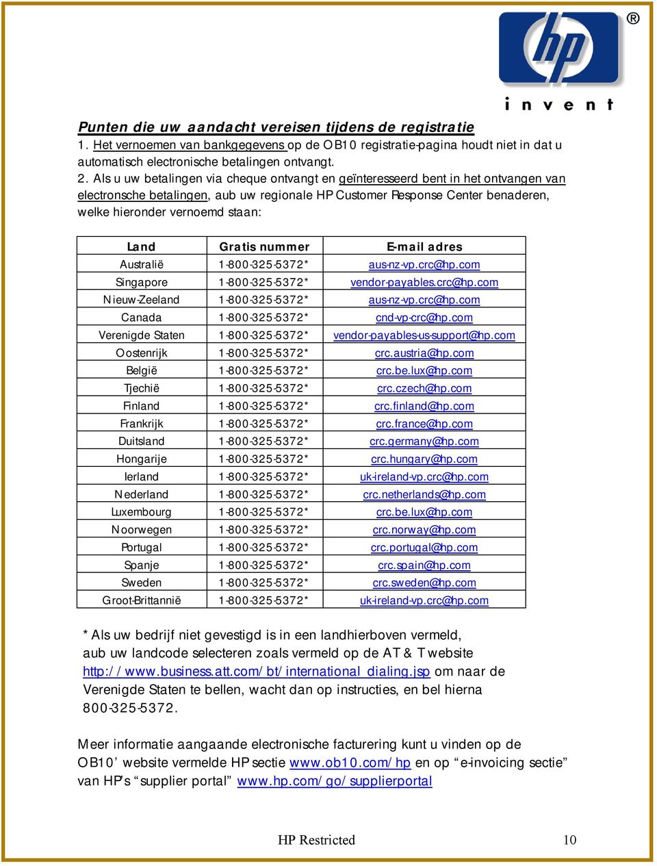 Land Gratis nummer E-mail adres Australië 1-800-325-5372* aus-nz-vp.crc@hp.com Singapore 1-800-325-5372* vendor-payables.crc@hp.com Nieuw-Zeeland 1-800-325-5372* aus-nz-vp.crc@hp.com Canada 1-800-325-5372* cnd-vp-crc@hp.