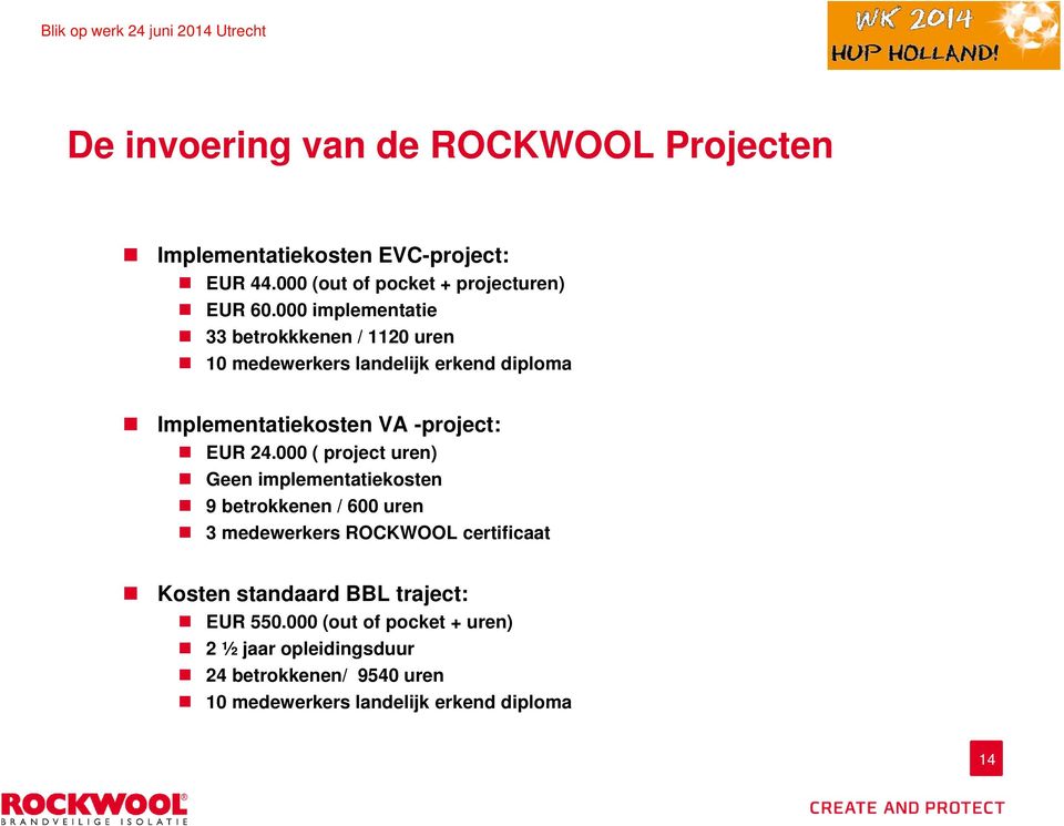 000 ( project uren) Geen implementatiekosten 9 betrokkenen / 600 uren 3 medewerkers ROCKWOOL certificaat Kosten standaard BBL