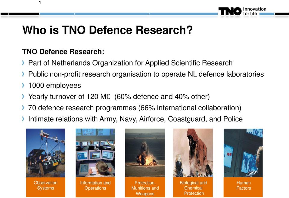 operate NL defence laboratories 1000 employees Yearly turnover of 120 M (60% defence and 40% other) 70 defence research programmes