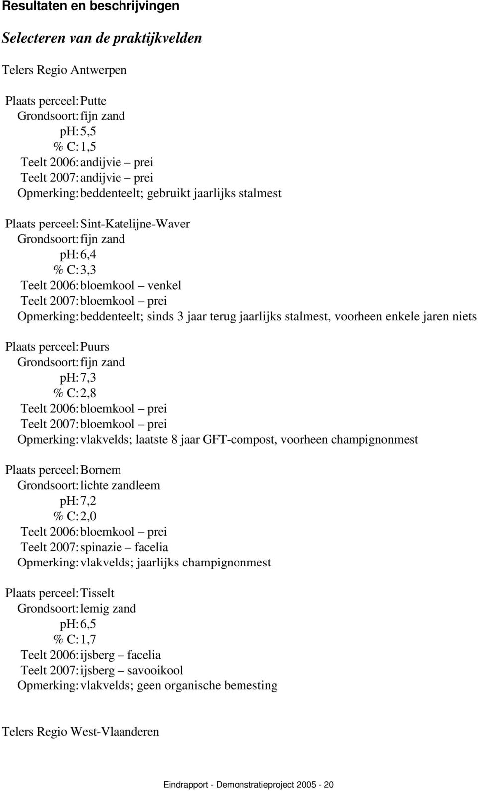 beddenteelt; sinds 3 jaar terug jaarlijks stalmest, voorheen enkele jaren niets Plaats perceel: Puurs Grondsoort: fijn zand ph: 7,3 % C: 2,8 Teelt 2006: bloemkool prei Teelt 2007: bloemkool prei