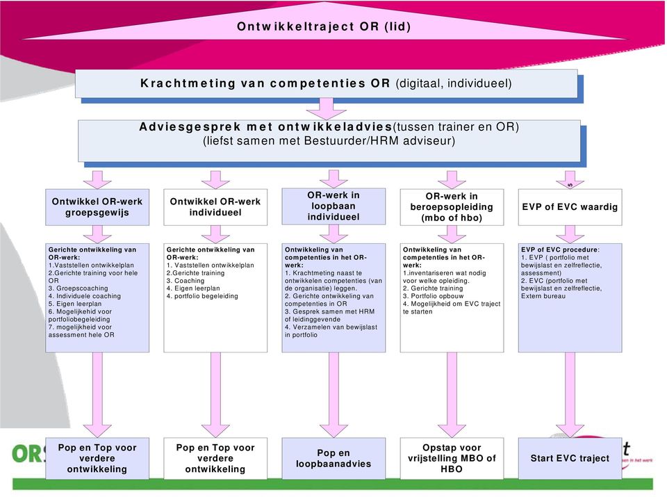 Vaststellen ontwikkelplan 2.Gerichte training voor hele OR 3. Groepscoaching 4. Individuele coaching 5. Eigen leerplan 6. Mogelijkehid voor portfoliobegeleiding 7.