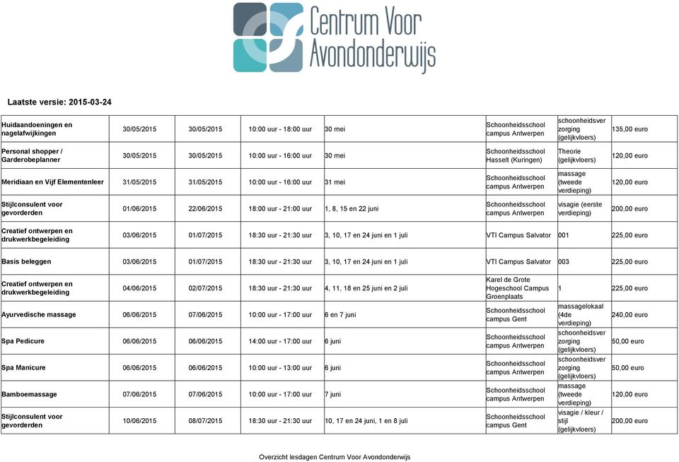 Creatief ontwerpen en drukwerkbegeleiding 03/06/2015 01/07/2015 18:30 uur - 21:30 uur 3, 10, 17 en 24 juni en 1 juli VTI Campus Salvator 001 Basis beleggen 03/06/2015 01/07/2015 18:30 uur - 21:30 uur