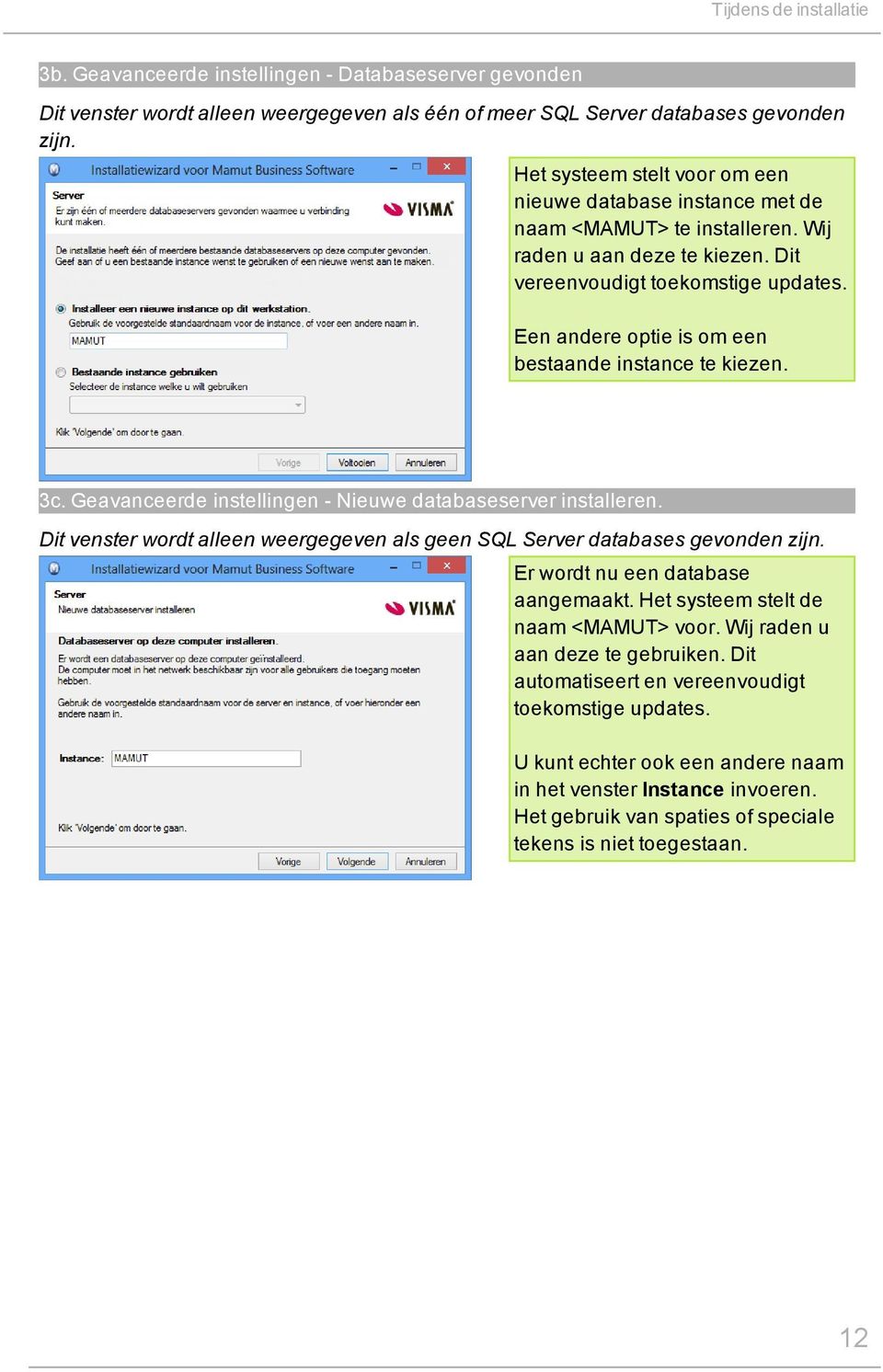 Een andere optie is om een bestaande instance te kiezen. 3c. Geavanceerde instellingen - Nieuwe databaseserver installeren.