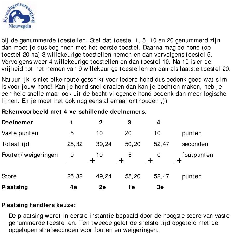 Na 10 is er de vrijheid tot het nemen van 9 willekeurige toestellen en dan als laatste toestel 20. Natuurlijk is niet elke route geschikt voor iedere hond dus bedenk goed wat slim is voor jouw hond!