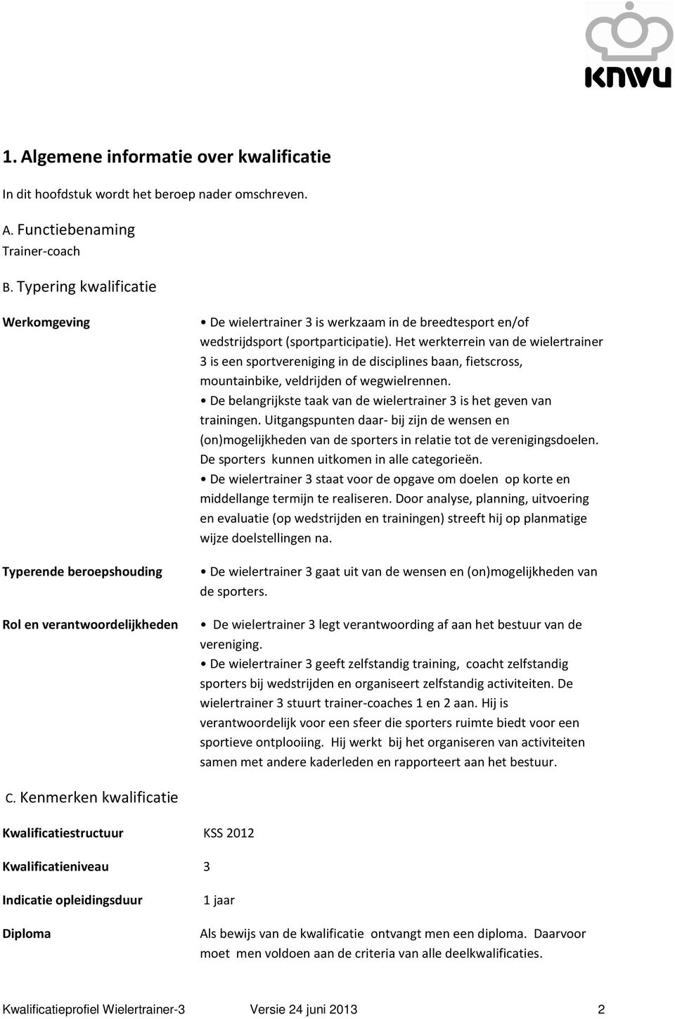 Het werkterrein van de wielertrainer 3 is een sportvereniging in de disciplines baan, fietscross, mountainbike, veldrijden of wegwielrennen.