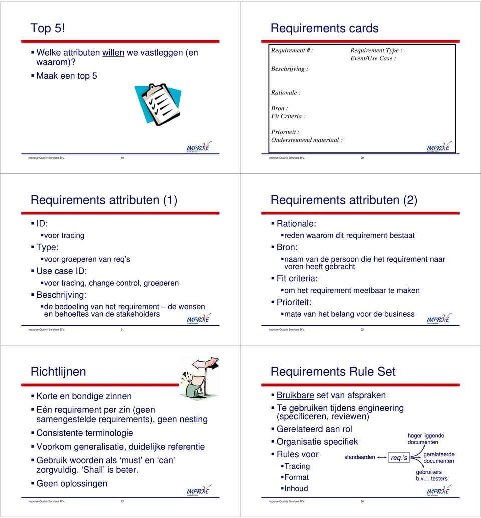 B.V. 19 Improve Quality Services B.V. 20 Requirements attributen (1) ID: voor tracing Type: voor groeperen van req s Use case ID: voor tracing, change control, groeperen Beschrijving: de bedoeling