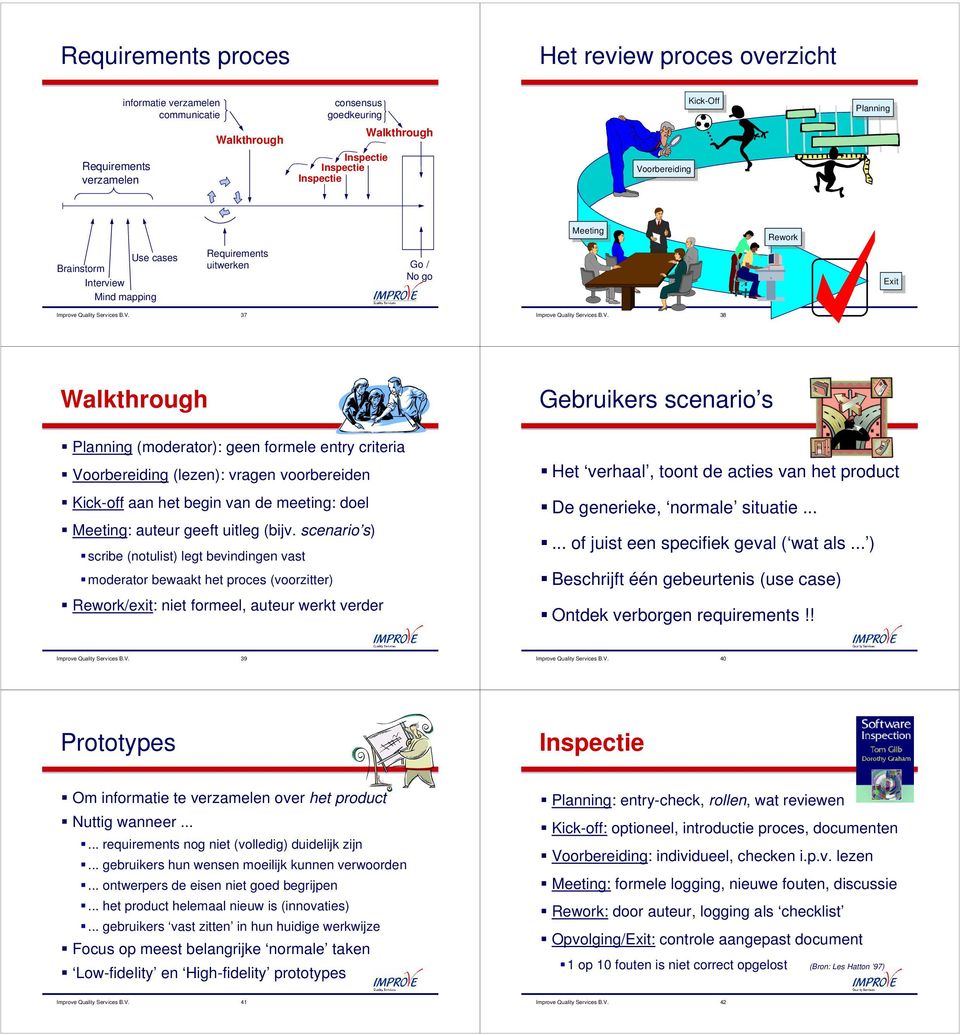 V. 38 Walkthrough Gebruikers scenario s Planning (moderator): geen formele entry criteria Voorbereiding (lezen): vragen voorbereiden Kick-off aan het begin van de meeting: doel Meeting: auteur geeft