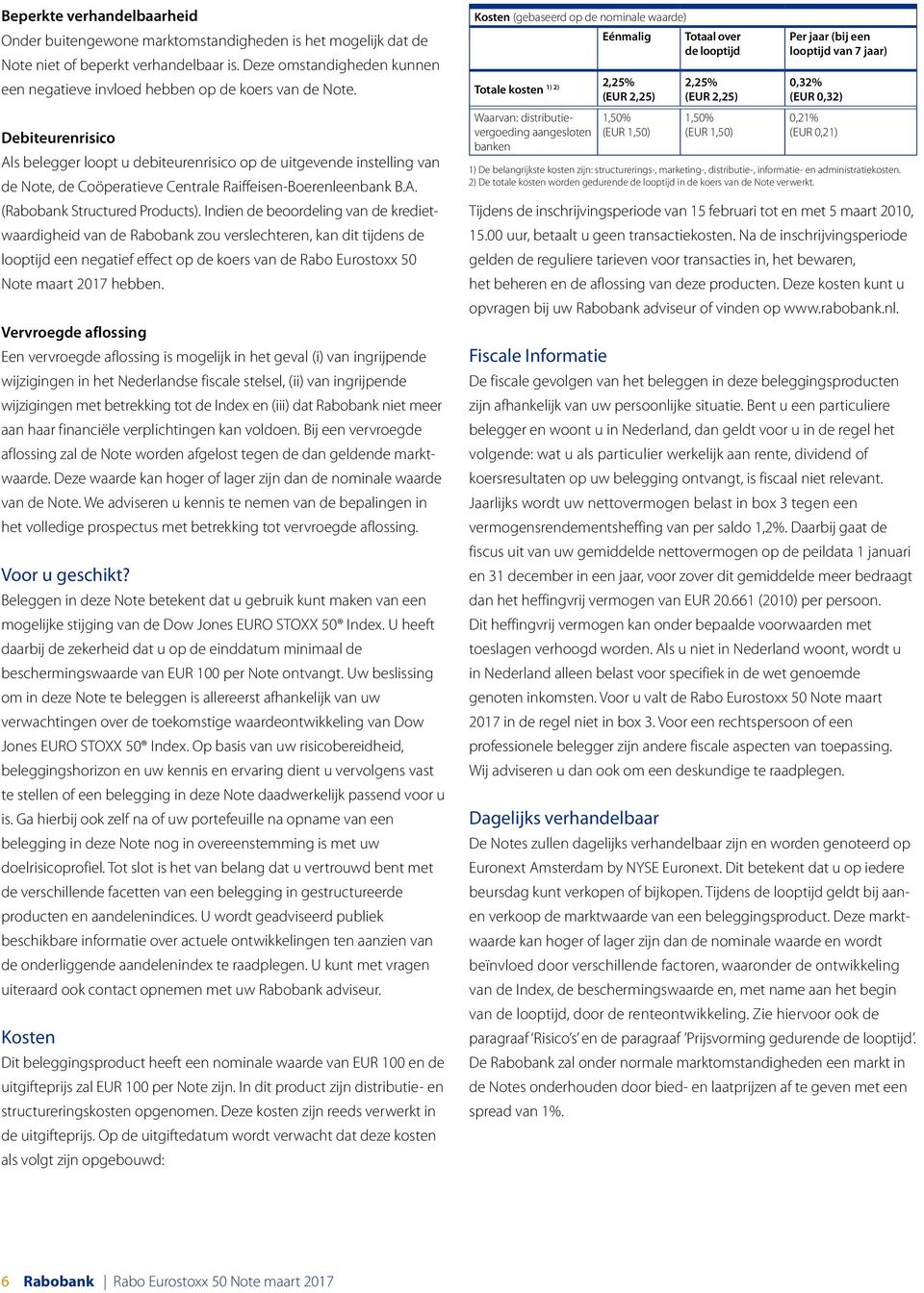 Debiteurenrisico Als belegger loopt u debiteurenrisico op de uitgevende instelling van de Note, de Coöperatieve Centrale Raiffeisen-Boerenleenbank B.A. (Rabobank Structured Products).