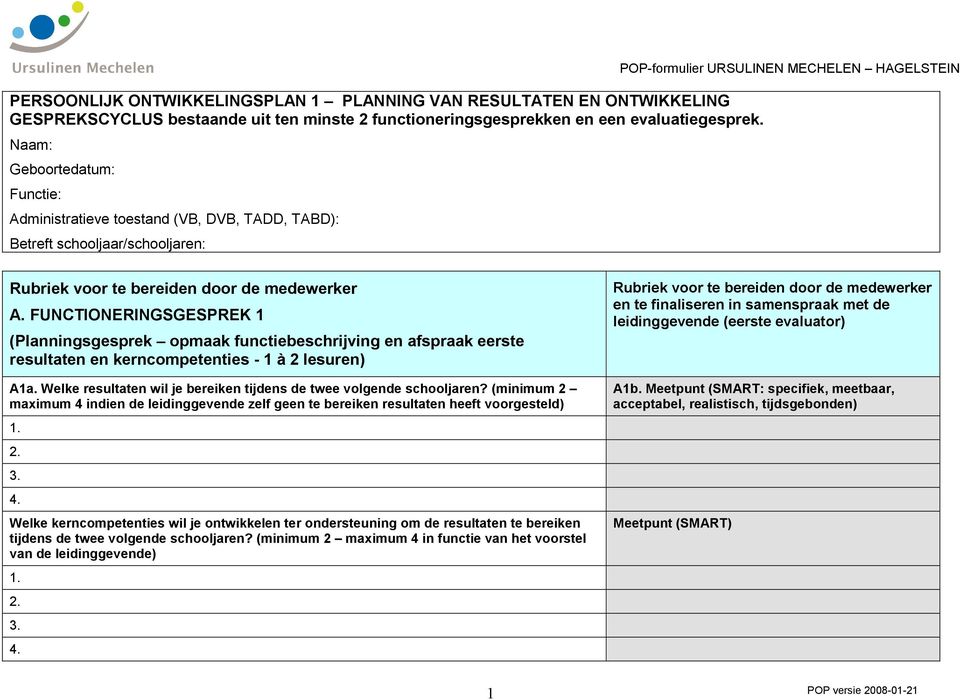 FUNCTIONERINGSGESPREK 1 (Planningsgesprek opmaak functiebeschrijving en afspraak eerste resultaten en kerncompetenties - 1 à 2 lesuren) A1a.