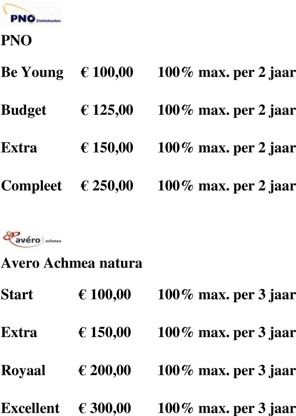 per 2 jaar Avero Achmea natura Start 100,00 100% max.