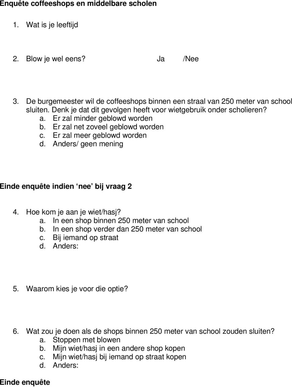 Anders/ geen mening Einde enquête indien nee bij vraag 2 4. Hoe kom je aan je wiet/hasj? a. In een shop binnen 250 meter van school b. In een shop verder dan 250 meter van school c.