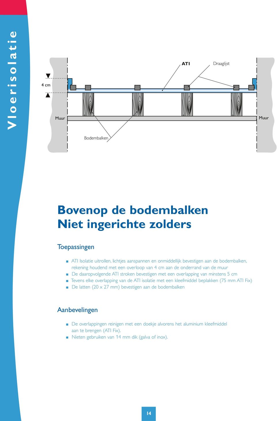 minstens 5 cm Tevens elke overlapping van de isolatie met een kleefmiddel beplakken (75 mm Fix) De latten (20 x 27 mm) bevestigen aan de bodembalken