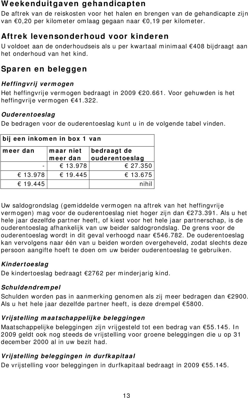 Sparen en beleggen Heffingvrij vermogen Het heffingvrije vermogen bedraagt in 2009 20.661. Voor gehuwden is het heffingvrije vermogen 41.322.