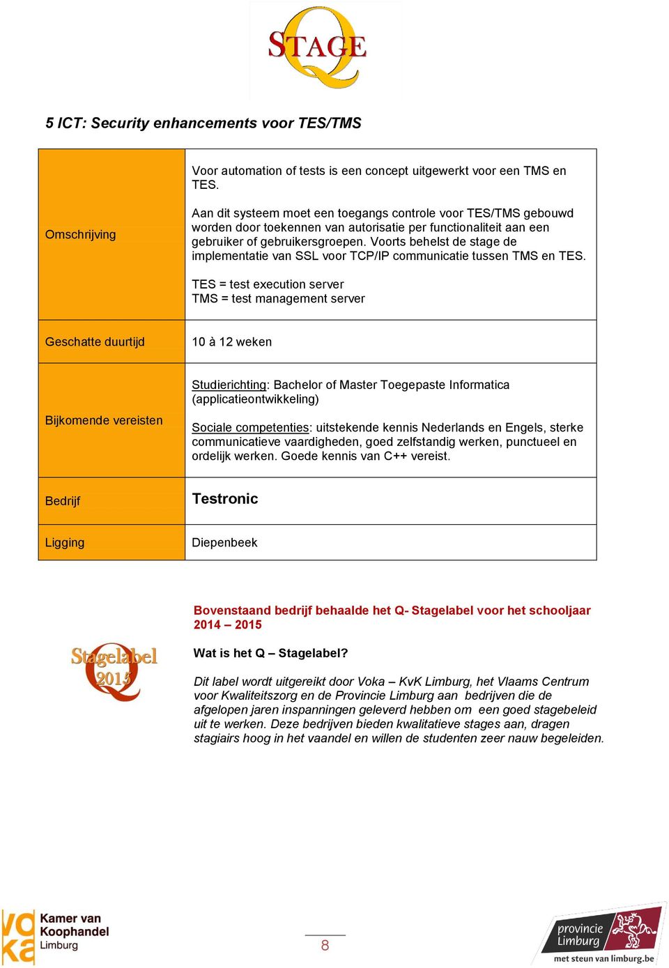 Voorts behelst de stage de implementatie van SSL voor TCP/IP communicatie tussen TMS en TES.