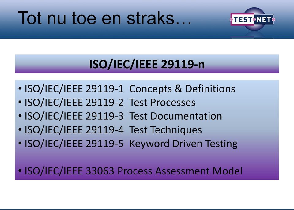 Test Documentation ISO/IEC/IEEE 29119-4 Test Techniques ISO/IEC/IEEE