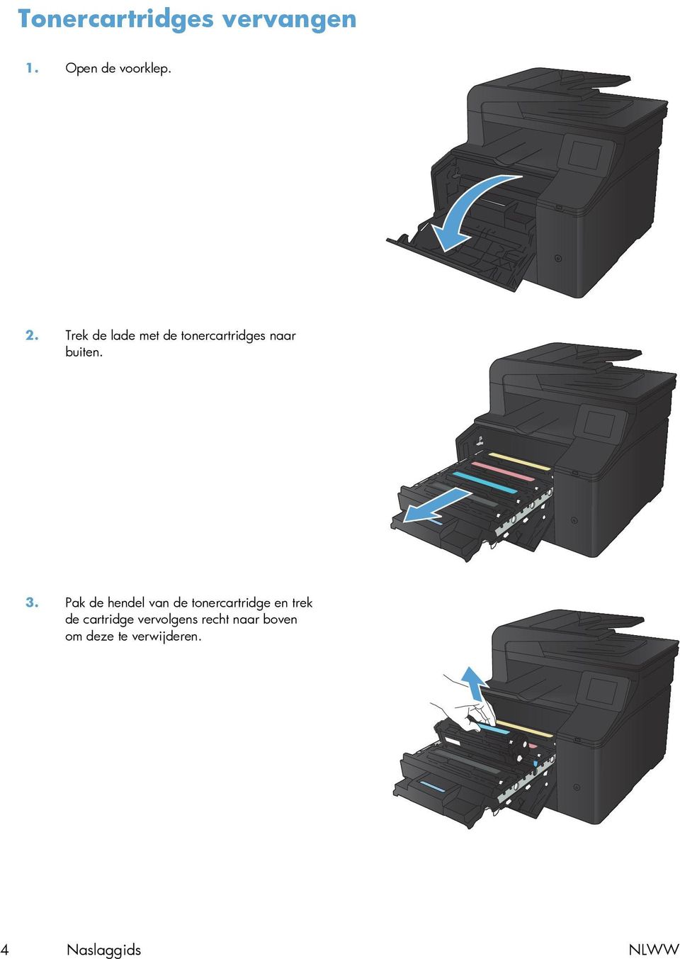 Pak de hendel van de tonercartridge en trek de cartridge