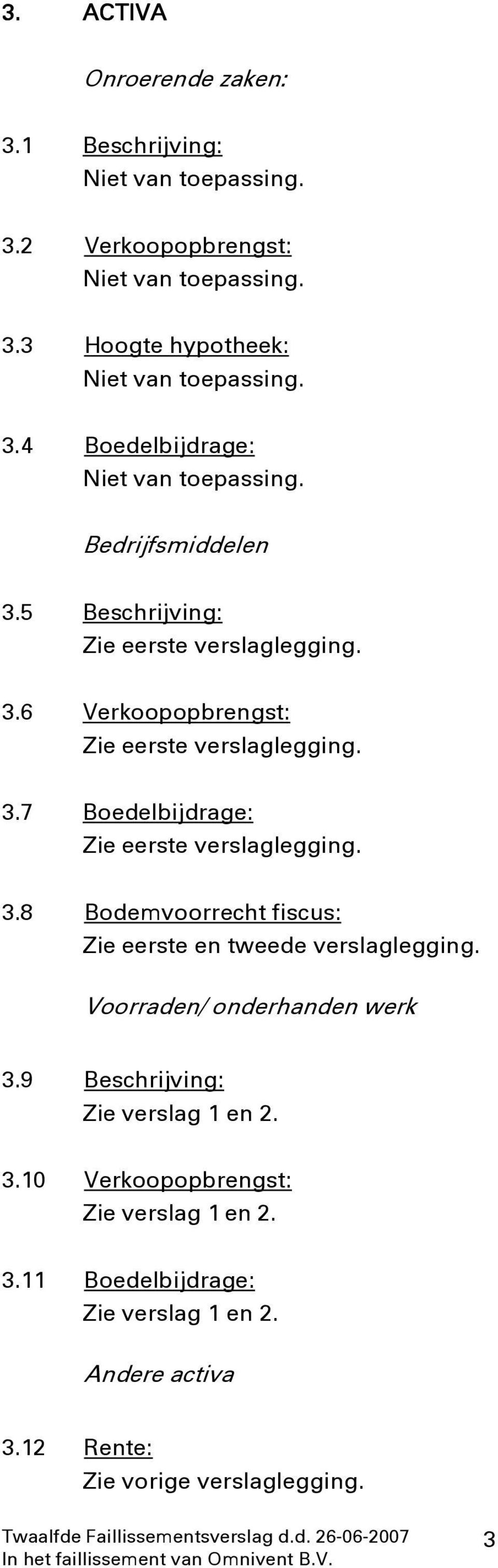 8 Bodemvoorrecht fiscus: Zie eerste en tweede verslaglegging. Voorraden/ onderhanden werk 3.