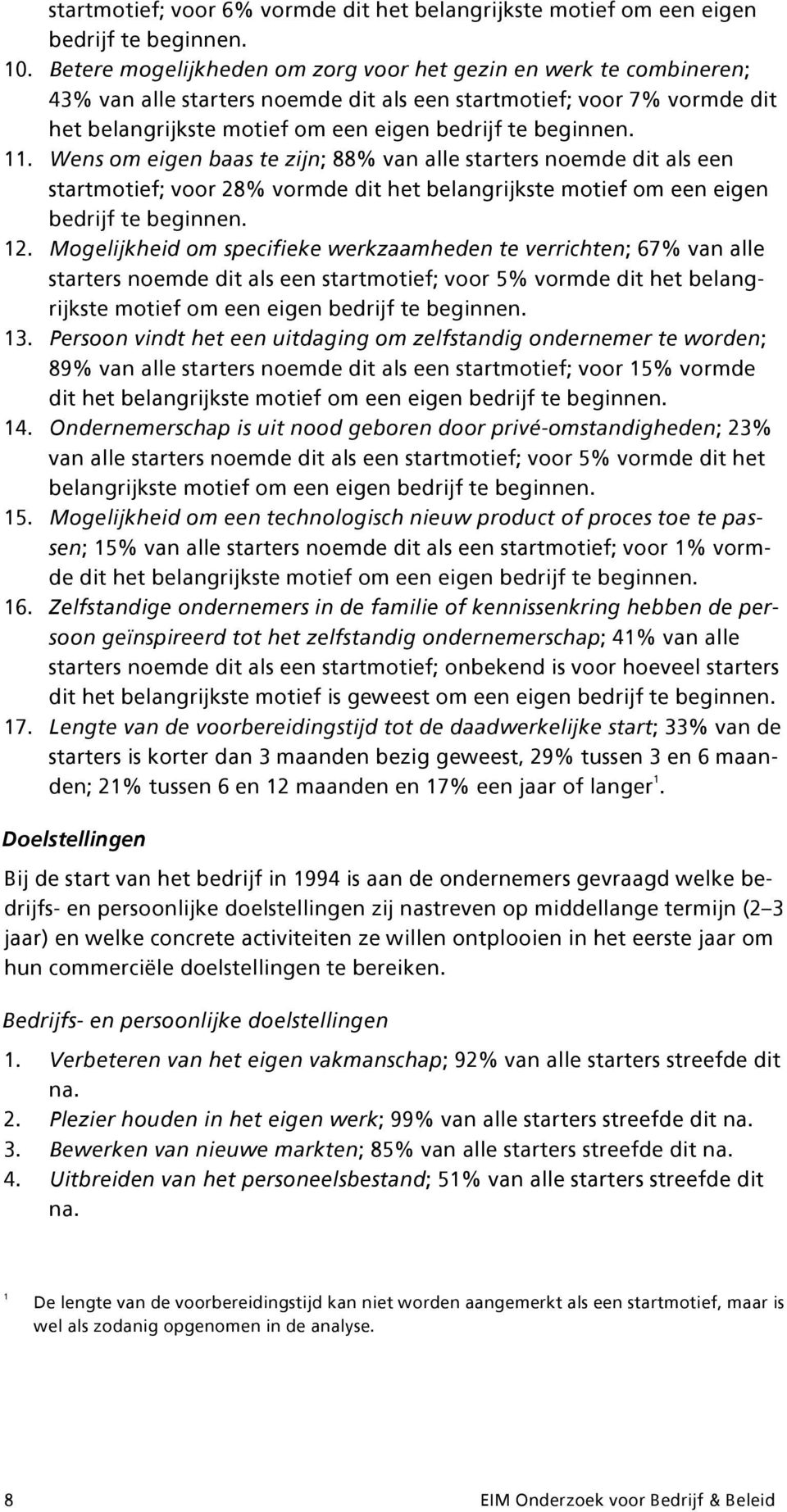 11. Wens om eigen baas te zijn; 88% van alle starters noemde dit als een startmotief; voor 28% vormde dit het belangrijkste motief om een eigen bedrijf te beginnen. 12.