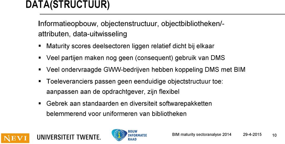 koppeling DMS met BIM Toeleveranciers passen geen eenduidige objectstructuur toe: aanpassen aan de opdrachtgever, zijn flexibel Gebrek