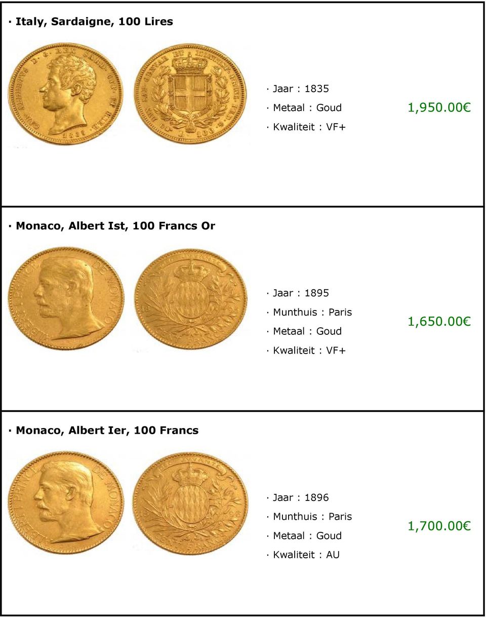 00 Monaco, Albert Ist, 100 Francs Or Jaar : 1895