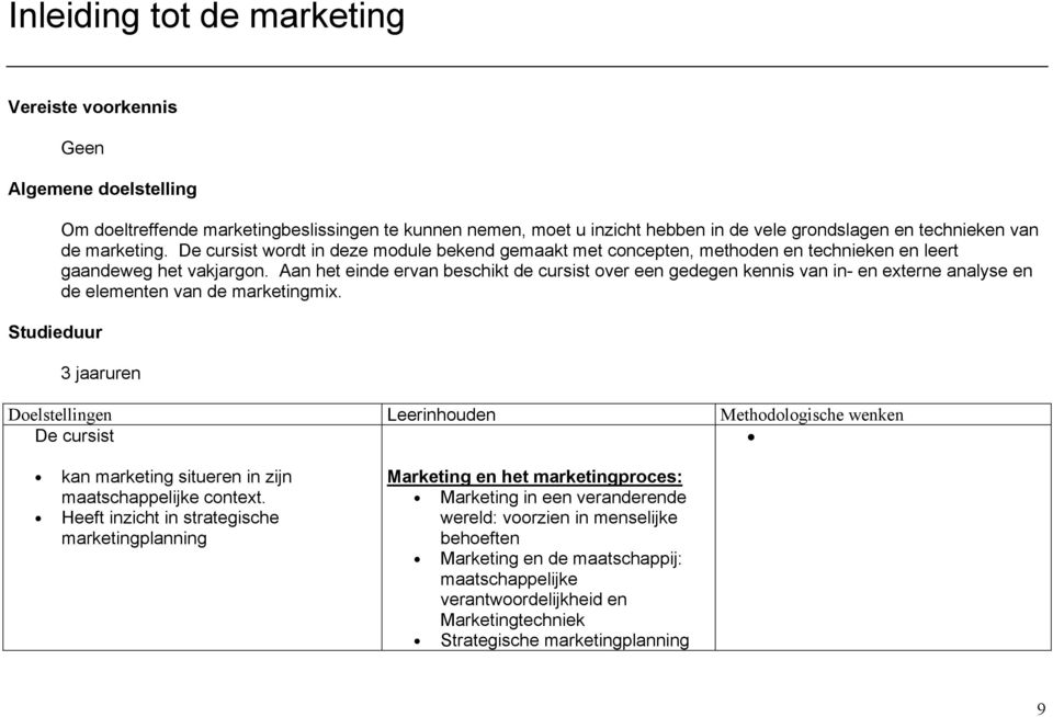 Aan het einde ervan beschikt de cursist over een gedegen kennis van in- en externe analyse en de elementen van de marketingmix.