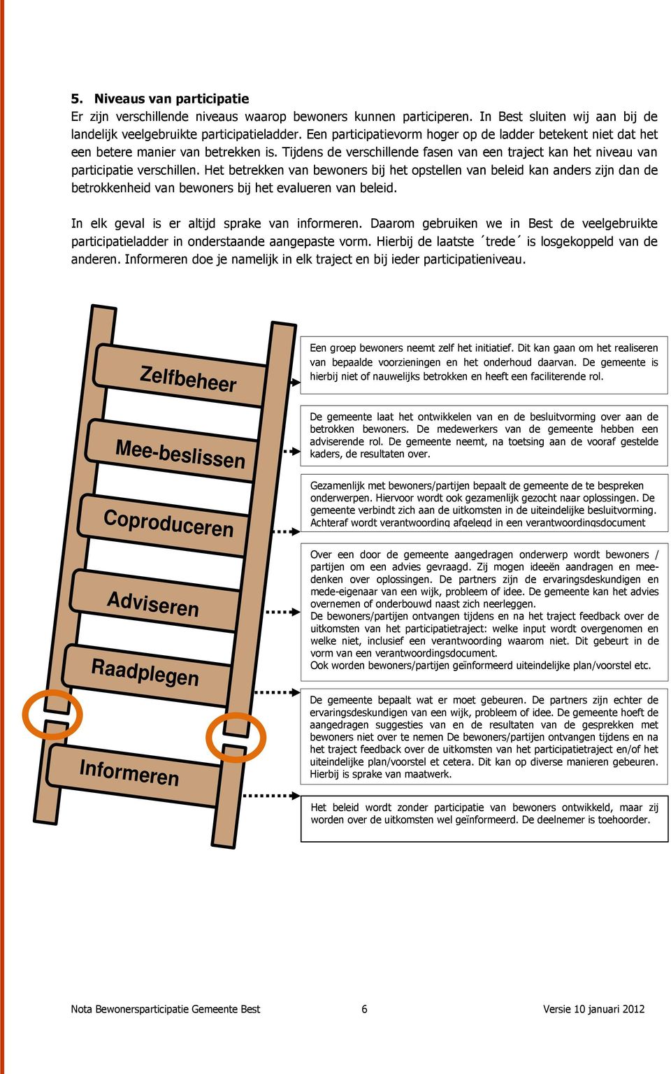 Het betrekken van bewoners bij het opstellen van beleid kan anders zijn dan de betrokkenheid van bewoners bij het evalueren van beleid. In elk geval is er altijd sprake van informeren.