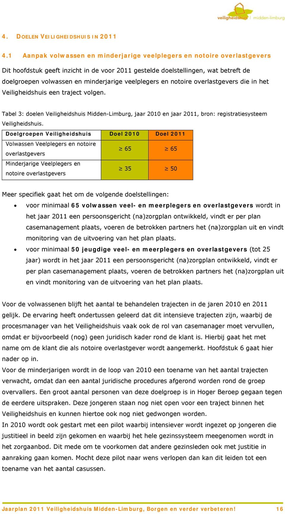 veelplegers en notoire overlastgevers die in het Veiligheidshuis een traject volgen. Tabel 3: doelen Veiligheidshuis Midden-Limburg, jaar 2010 en jaar 2011, bron: registratiesysteem Veiligheidshuis.