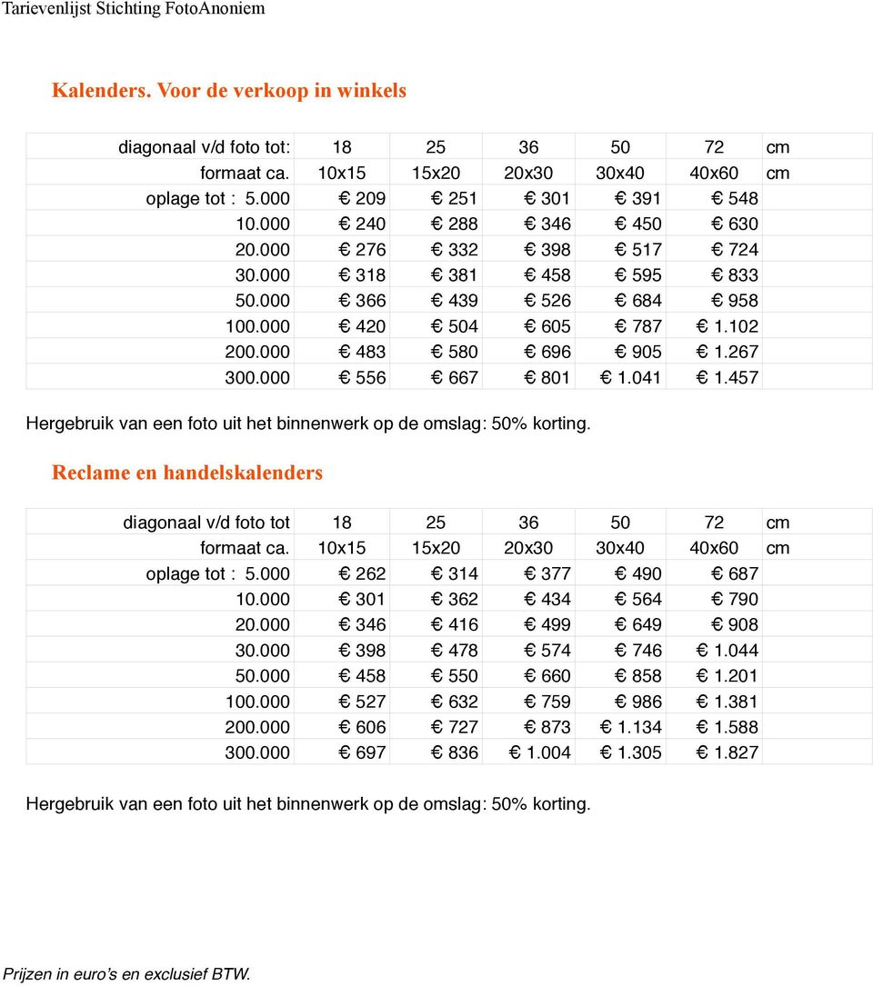 457 Hergebruik van een foto uit het binnenwerk op de omslag: 50% korting. Reclame en handelskalenders diagonaal v/d foto tot 18 25 36 50 72 cm formaat ca.