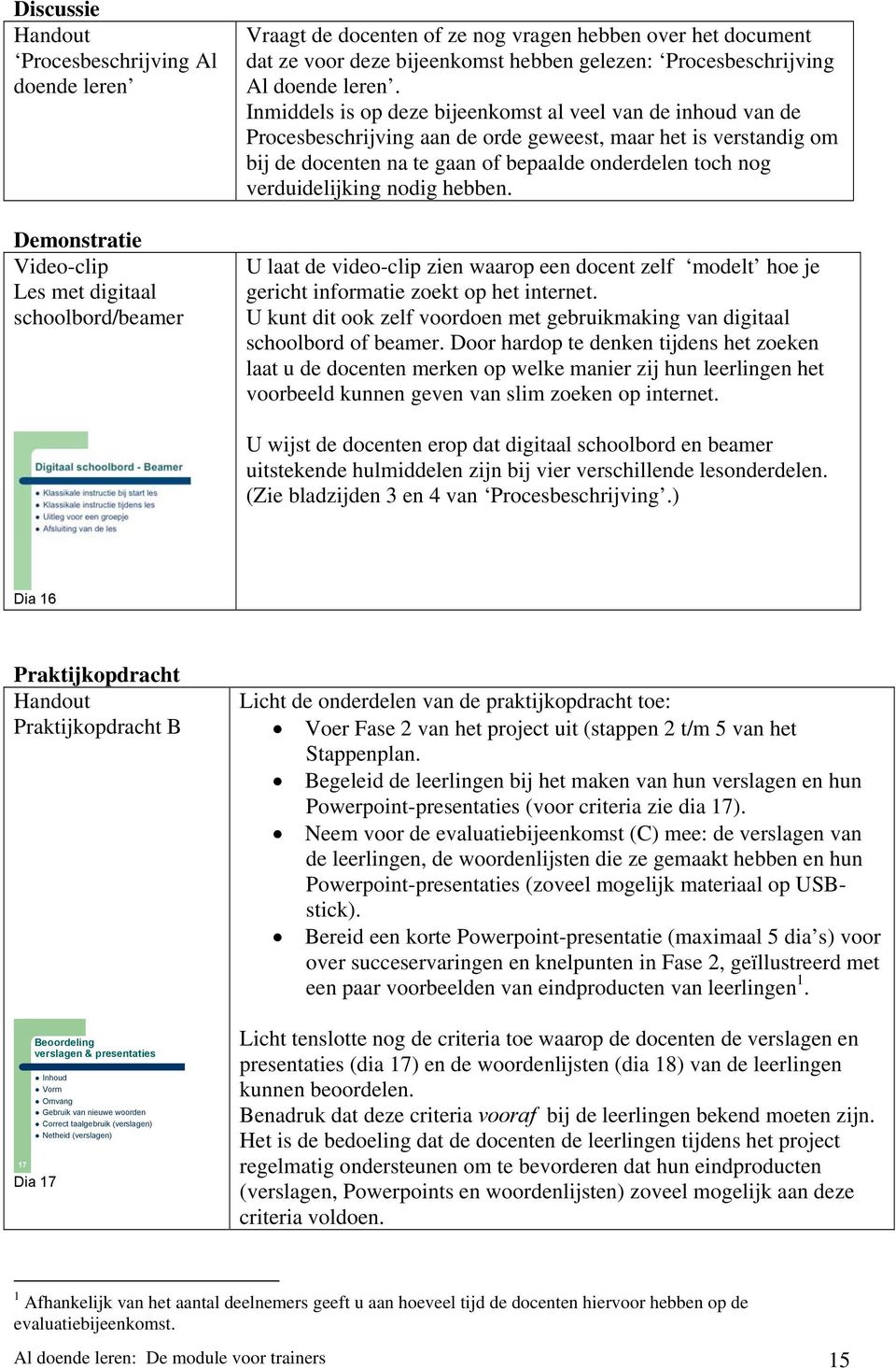 Inmiddels is op deze bijeenkomst al veel van de inhoud van de Procesbeschrijving aan de orde geweest, maar het is verstandig om bij de docenten na te gaan of bepaalde onderdelen toch nog