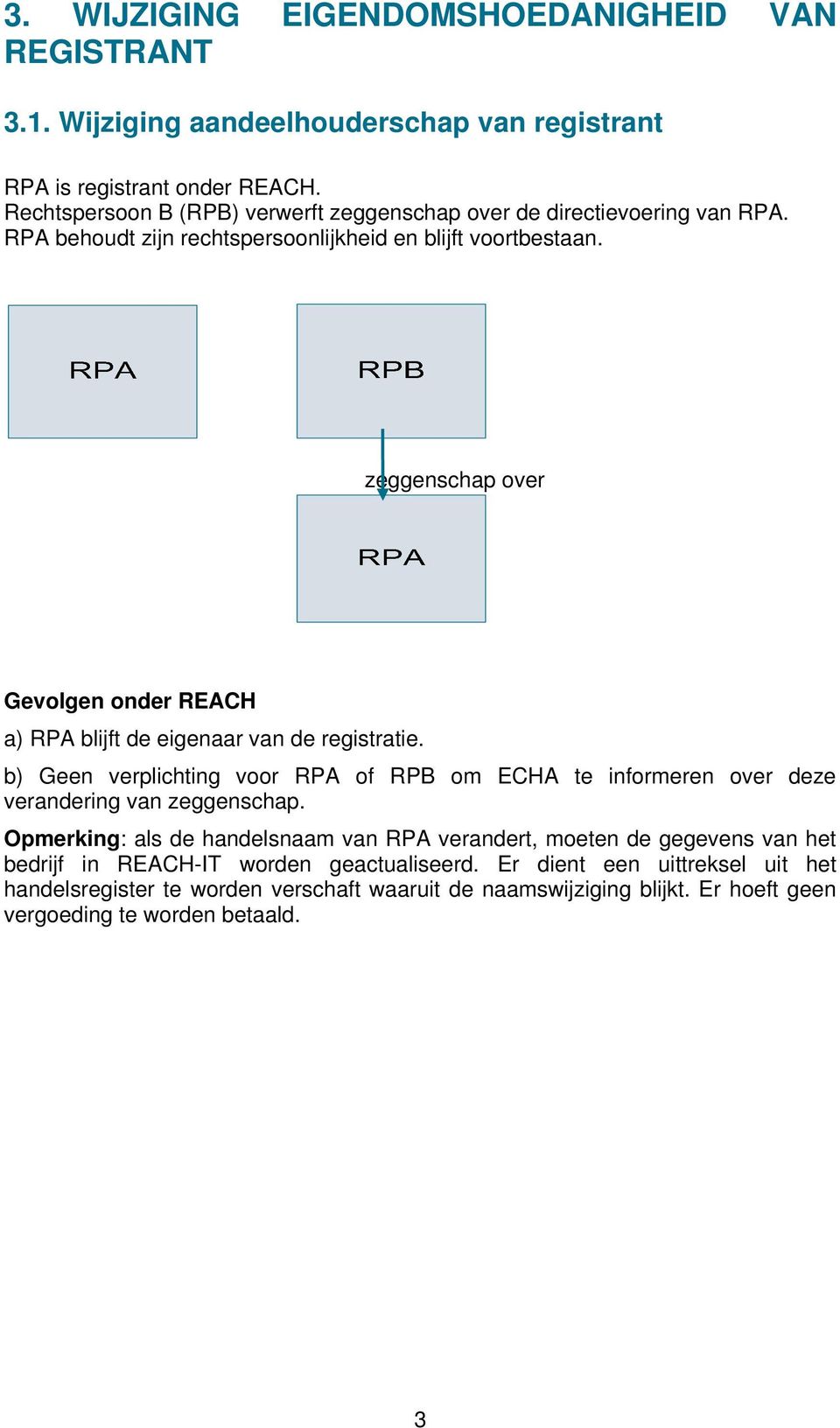 zeggenschap over a) RPA blijft de eigenaar van de registratie. b) Geen verplichting voor RPA of RPB om ECHA te informeren over deze verandering van zeggenschap.