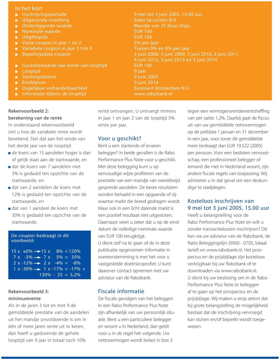 Bepalingsdata coupon 3 juni 2008, 3 juni 2009, 3 juni 2010, 3 juni 2011, 4 juni 2012, 3 juni 2013 en 3 juni 2014 Garantiewaarde aan einde van looptijd EUR 100 Looptijd 9 jaar Stortingsdatum 9 juni