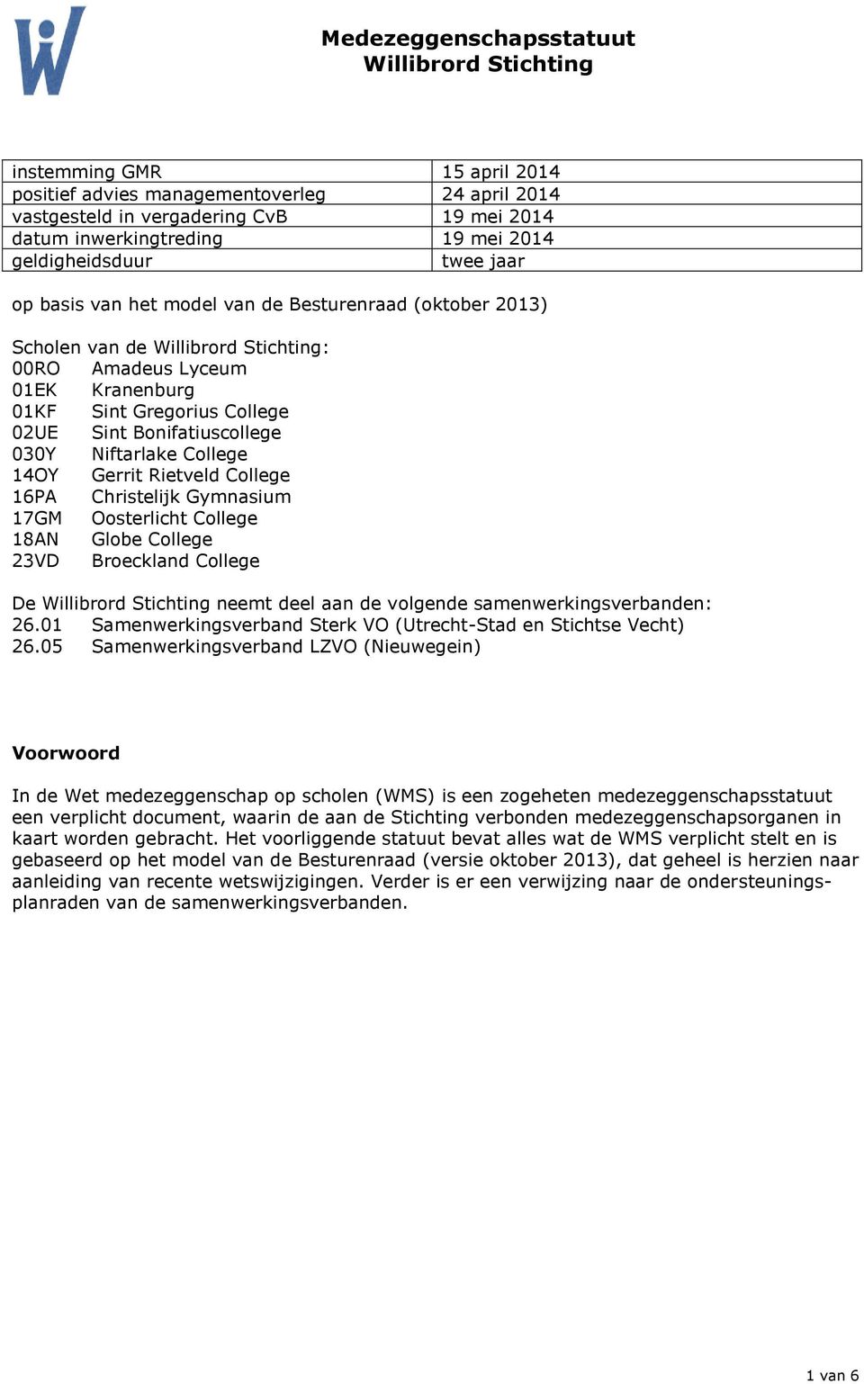 College 16PA Christelijk Gymnasium 17GM Oosterlicht College 18AN Globe College 23VD Broeckland College De neemt deel aan de volgende samenwerkingsverbanden: 26.