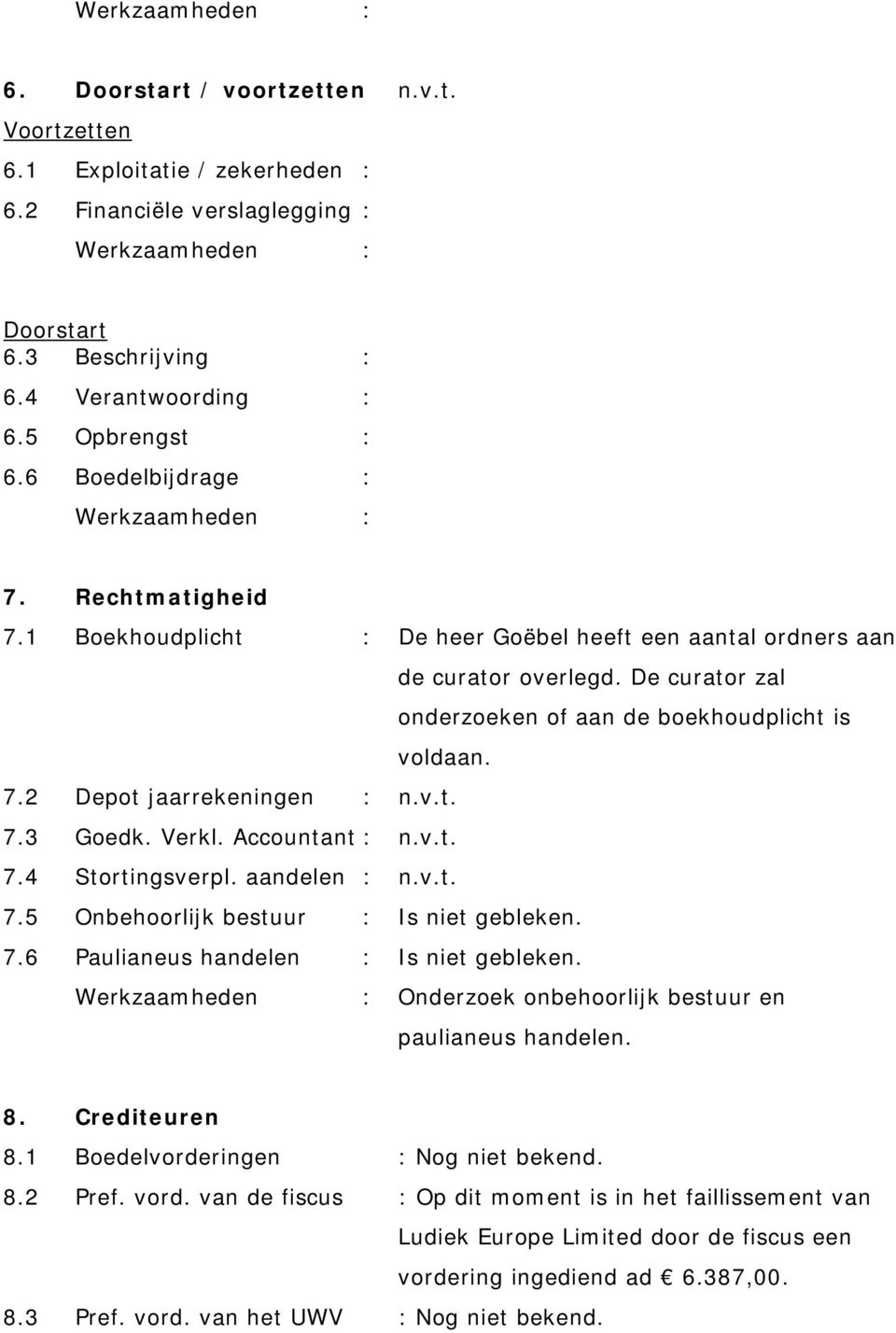 Verkl. Accountant : n.v.t. 7.4 Stortingsverpl. aandelen : n.v.t. 7.5 Onbehoorlijk bestuur : Is niet gebleken. 7.6 Paulianeus handelen : Is niet gebleken.