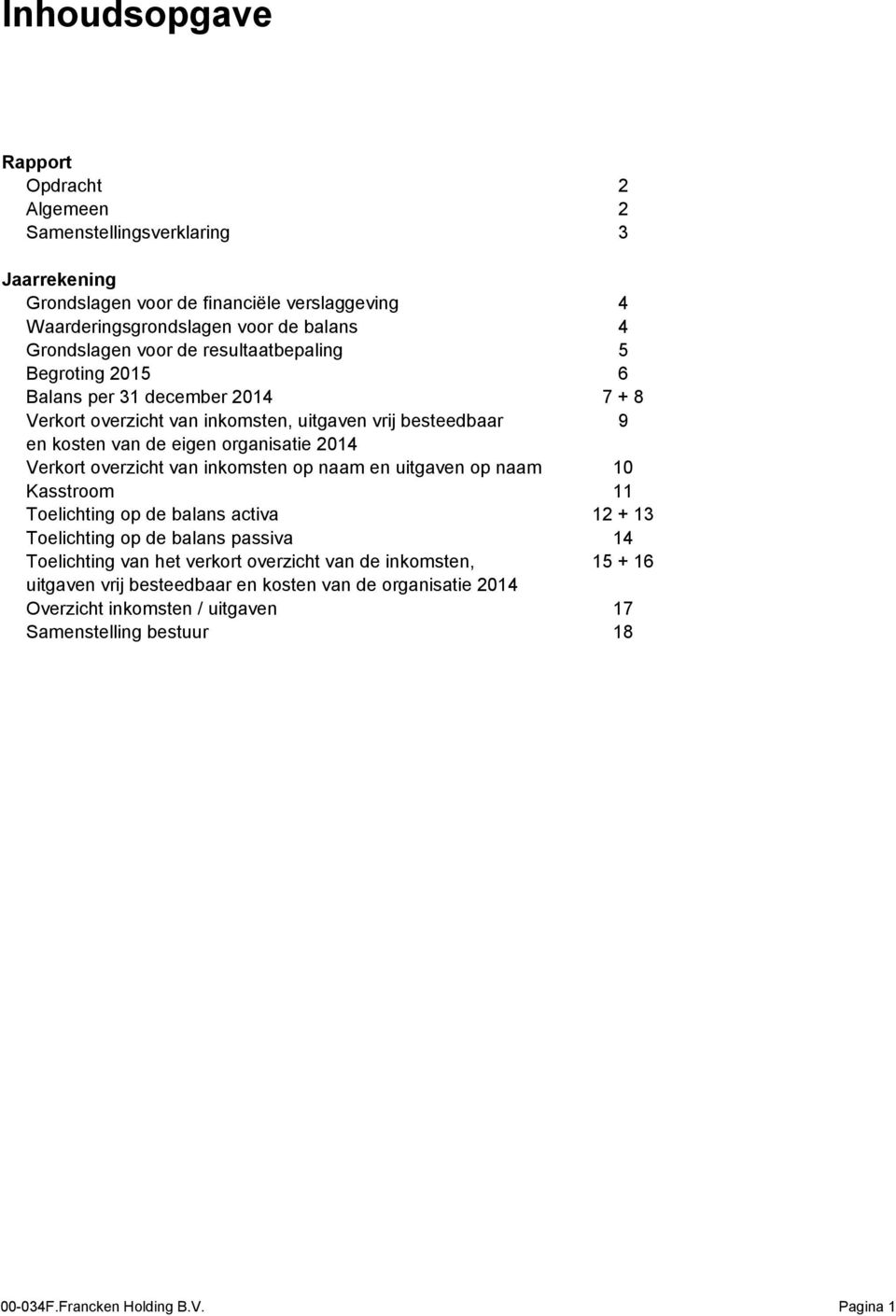 Verkort overzicht van inkomsten op naam en uitgaven op naam 10 Kasstroom 11 Toelichting op de balans activa 12 + 13 Toelichting op de balans passiva 14 Toelichting van het verkort