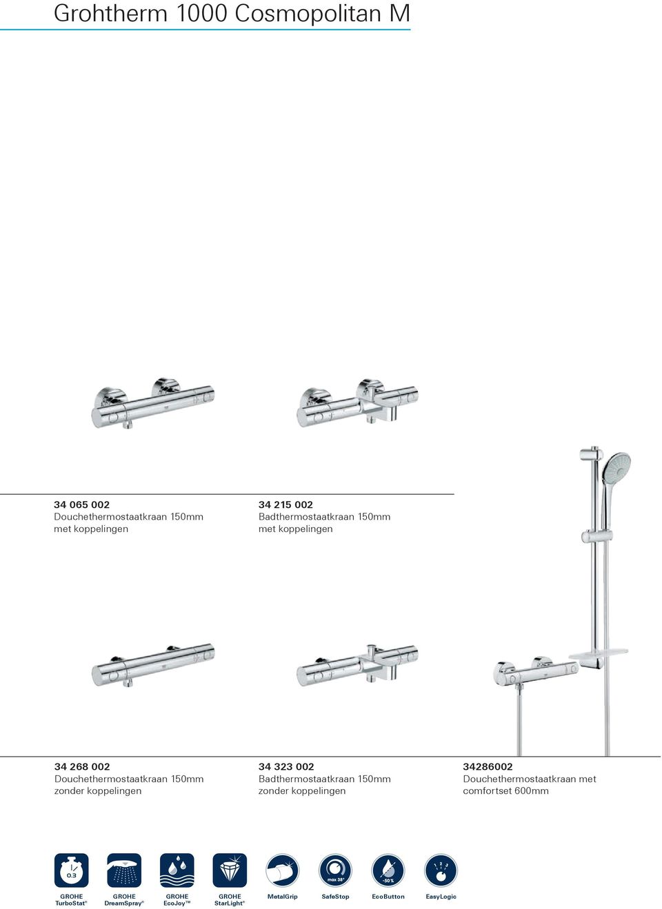 34 323 002 Badthermostaatkraan 150mm zonder koppelingen 34286002 Douchethermostaatkraan met