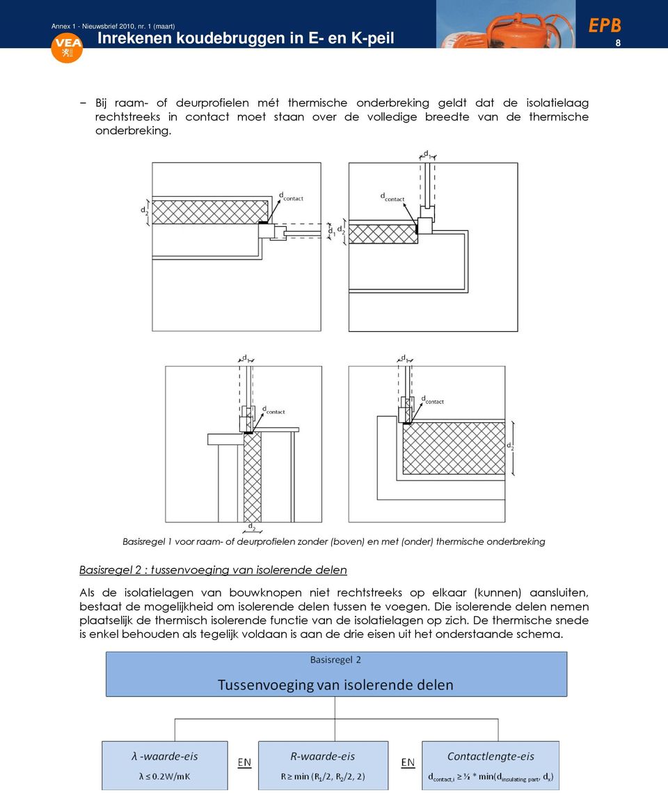 Basisregel 1 voor raam- of deurprofielen zonder (boven) en met (onder) thermische onderbreking Basisregel 2 : tussenvoeging van isolerende delen Als de isolatielagen van