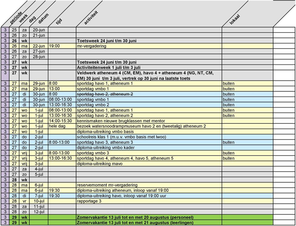 29-jun 13:00 sport vmbo 1 buiten 3 27 di 30-jun 8:00 sport havo 2, atheneum 2 buiten 3 27 di 30-jun 08:00-13:00 sport vmbo 1 buiten 3 27 di 30-jun 13:00-16:30 sport vmbo 2 buiten 3 27 wo 1-jul