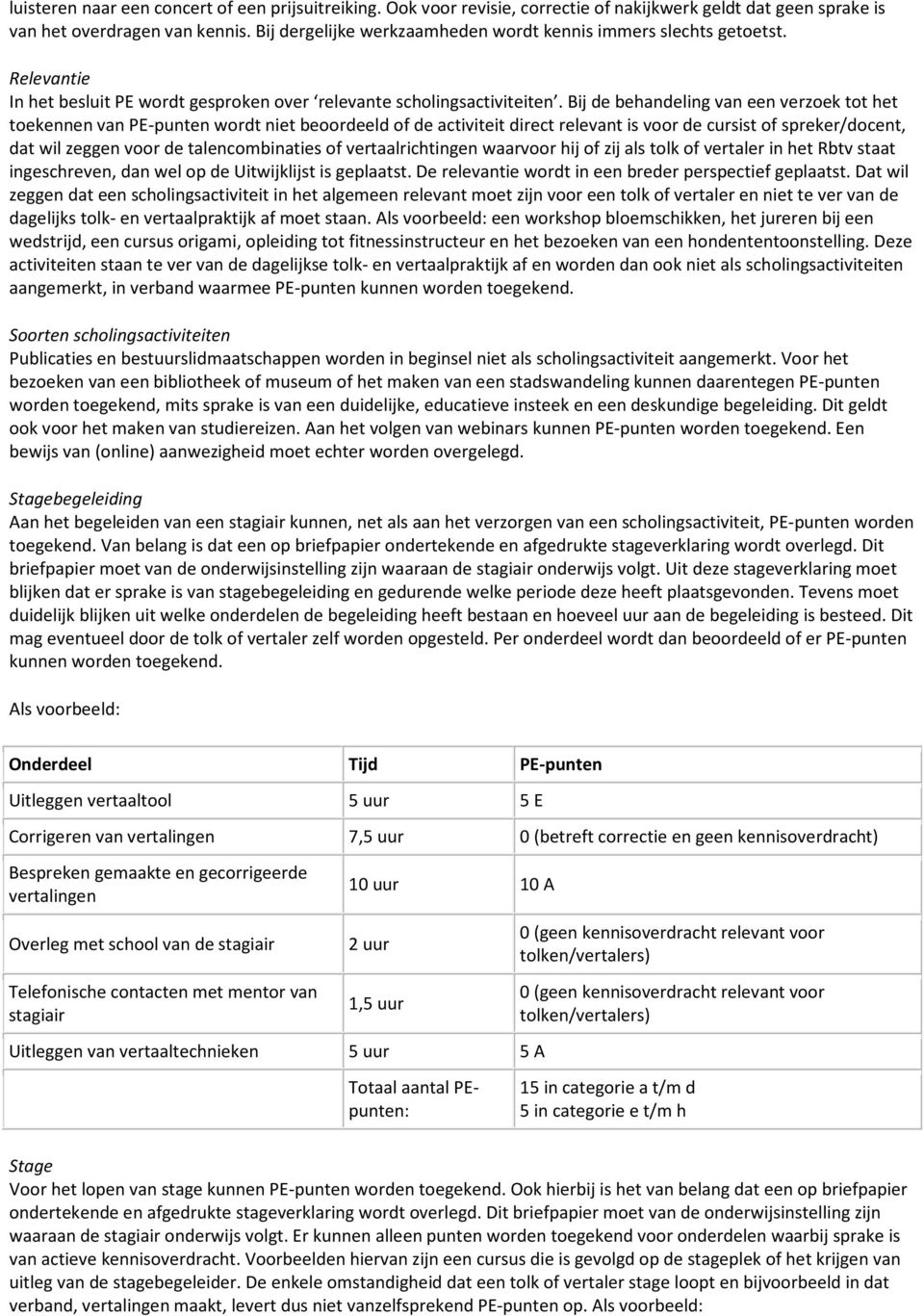 Bij de behandeling van een verzoek tot het toekennen van PE-punten wordt niet beoordeeld of de activiteit direct relevant is voor de cursist of spreker/docent, dat wil zeggen voor de talencombinaties