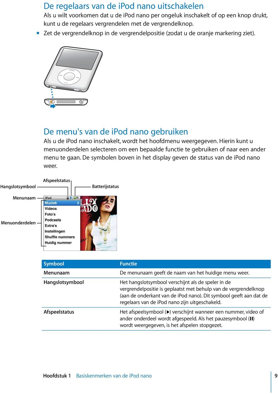 Hierin kunt u menuonderdelen selecteren om een bepaalde functie te gebruiken of naar een ander menu te gaan. De symbolen boven in het display geven de status van de ipod nano weer.