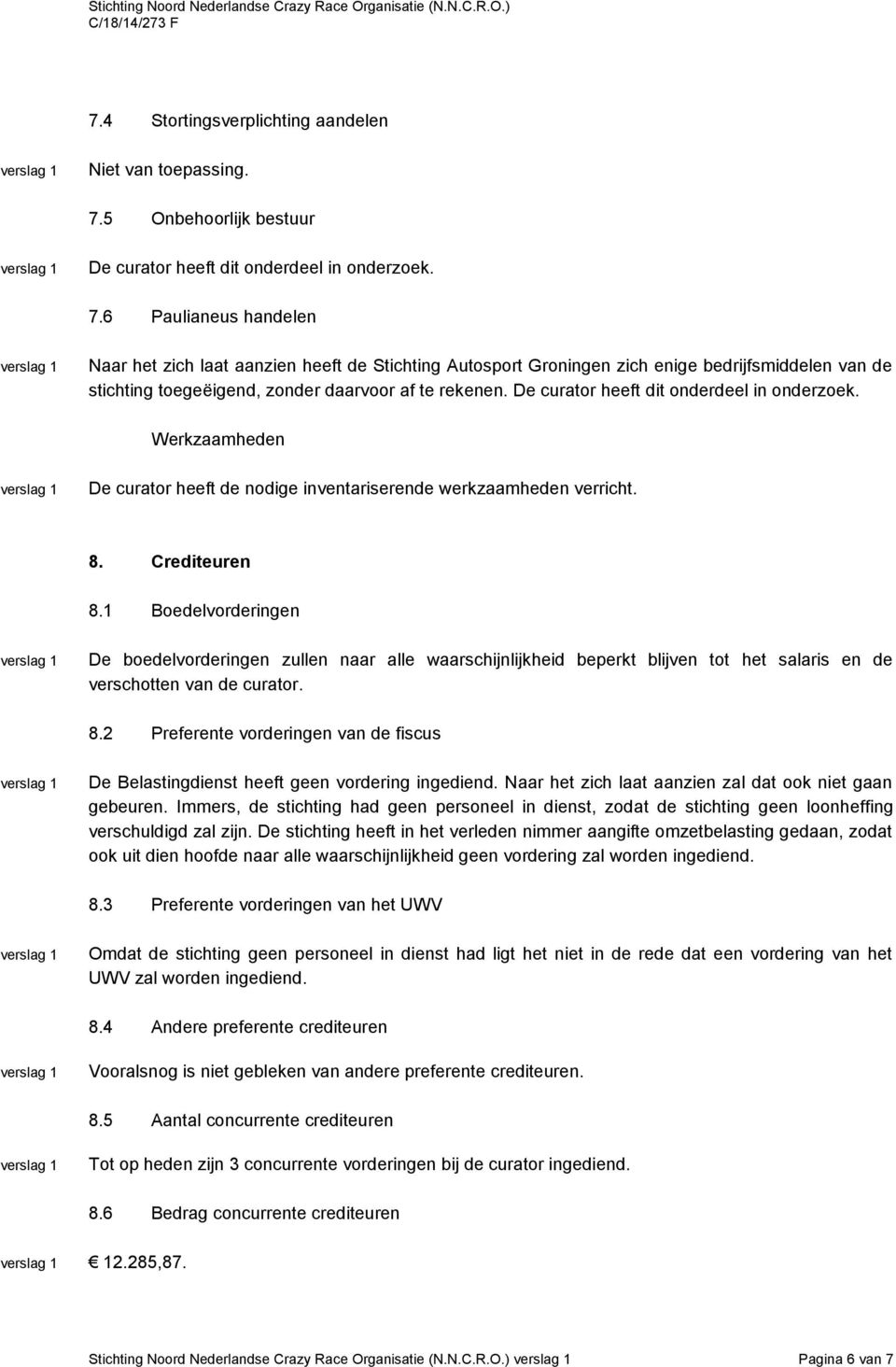6 Paulianeus handelen Naar het zich laat aanzien heeft de Stichting Autosport Groningen zich enige bedrijfsmiddelen van de stichting toegeëigend, zonder daarvoor af te rekenen.