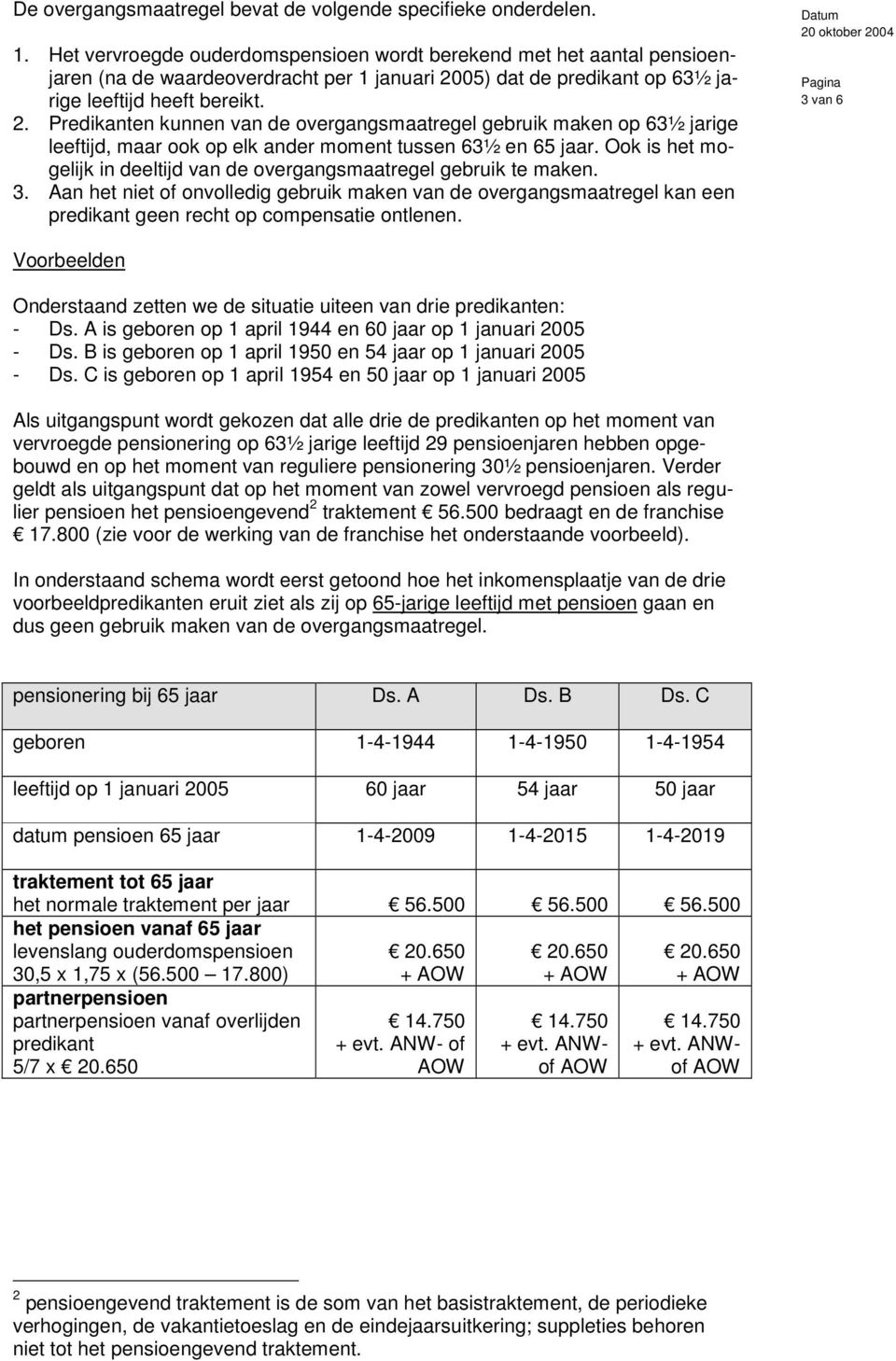 05) dat de predikant op 63½ jarige leeftijd heeft bereikt. 2. Predikanten kunnen van de overgangsmaatregel gebruik maken op 63½ jarige leeftijd, maar ook op elk ander moment tussen 63½ en 65 jaar.